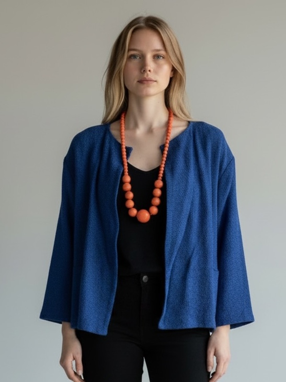 Masai women’s open front cotton blend deep blue cardigan, size large